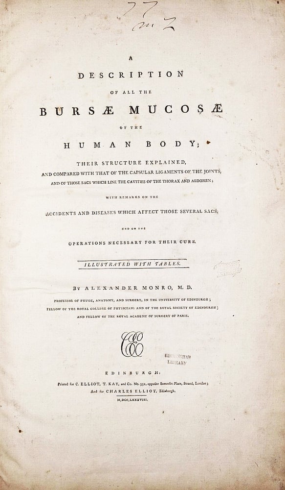 Item #001654 A Description of all the Bursae Mucosae of the Human Body, their Structure Explained, and Compared with that of the Capsular Ligaments of the Joints, and of those Sacs which line the Cavities of the Thorax and Abdomen. Alexander MONRO.