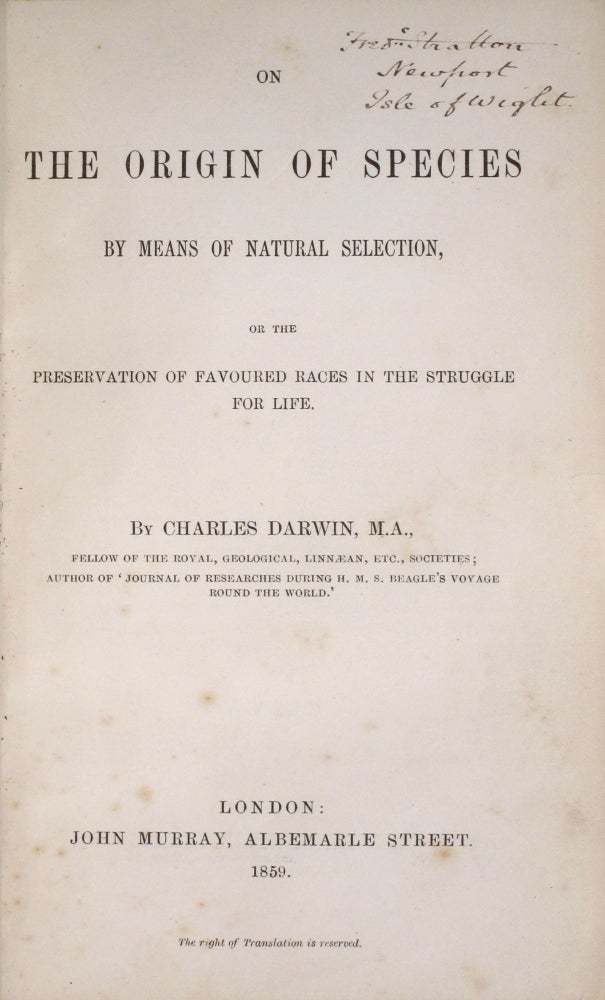 Item #001674 On The Origin of Species by Means of Natural Selection. Charles DARWIN.