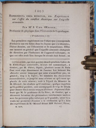 Experimenta circa effectum, etc. Expériences sur l'effet du conflict électrique sur l'aiguille aimantée, pp. 417-425.