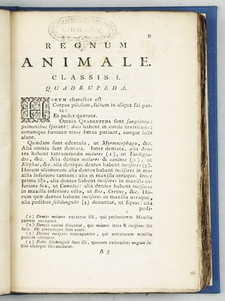 Regnum Animale In Classes IX. Distributum : Sive Synopsis Methodica Sistens generalem Animalium distributionem in Classes IX, & duarum primarum Classium, Quadrupedum scilicet & Cetaceorum, particularem divisionem in Ordines, Sectiones, Genera & Species...