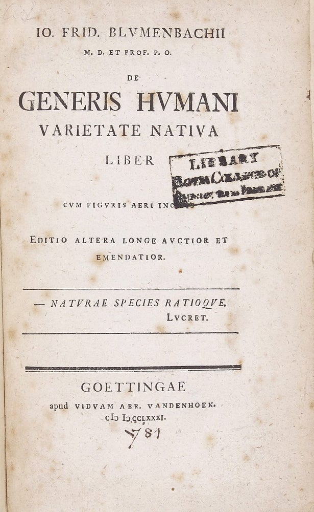 Item #002362 De generis humani varietate nativa liber. Editio altera longe auctior et emendatior. Johann Friedrich BLUMENBACH.