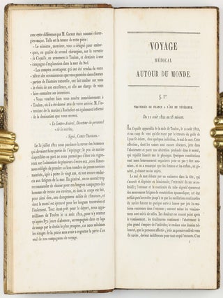Voyage médical autour du monde, exécuté sur la corvette du Roi la Coquille, commandées 1822, 1823, 1824 et 1825 ou Rapport sur l'état sanitaire de l'équipage pendant la durée de la campagne, avec quelques renseignemens sur des pratiques empiriques locales en usage dans plusieurs des contrées visitées par l'expédition; suivi d'un mémoire sur les races humaines répandues dans l'Océanie, la Malaisie et l'Australie.