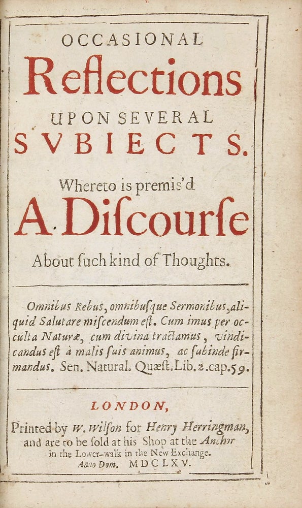 Item #002494 Occasional Reflections upon several Subiects [sic]. Whereto is premis'd a Discourse about such Kind of Thoughts. Robert BOYLE.