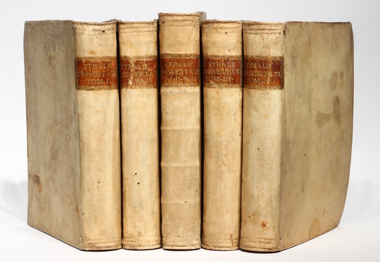 Item #002590 Collection of 67 theses on medical subjects submitted at the University of Halle under the presidency of Georg Ernst Stahl, and including 26 papers by Stahl himself, bound in 5 volumes, published between 1694 to 1716. Ernst Georg STAHL.