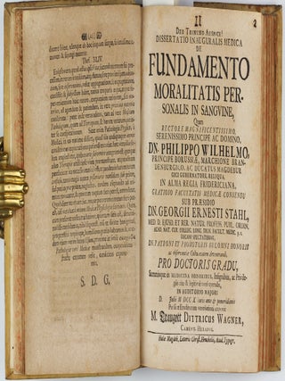 Collection of 67 theses on medical subjects submitted at the University of Halle under the presidency of Georg Ernst Stahl, and including 26 papers by Stahl himself, bound in 5 volumes, published between 1694 to 1716.