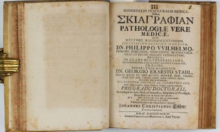 Collection of 67 theses on medical subjects submitted at the University of Halle under the presidency of Georg Ernst Stahl, and including 26 papers by Stahl himself, bound in 5 volumes, published between 1694 to 1716.