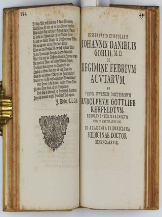 Collection of 67 theses on medical subjects submitted at the University of Halle under the presidency of Georg Ernst Stahl, and including 26 papers by Stahl himself, bound in 5 volumes, published between 1694 to 1716.