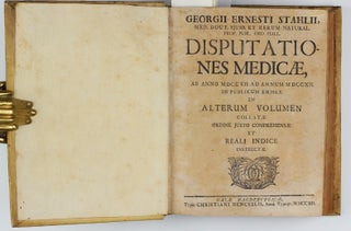 Collection of 67 theses on medical subjects submitted at the University of Halle under the presidency of Georg Ernst Stahl, and including 26 papers by Stahl himself, bound in 5 volumes, published between 1694 to 1716.