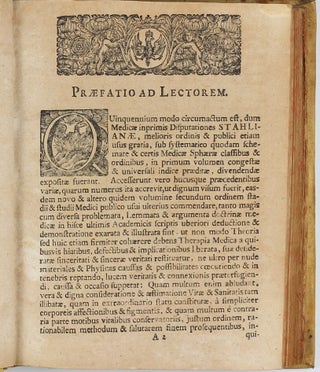 Collection of 67 theses on medical subjects submitted at the University of Halle under the presidency of Georg Ernst Stahl, and including 26 papers by Stahl himself, bound in 5 volumes, published between 1694 to 1716.