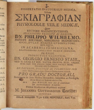 Collection of 67 theses on medical subjects submitted at the University of Halle under the presidency of Georg Ernst Stahl, and including 26 papers by Stahl himself, bound in 5 volumes, published between 1694 to 1716.