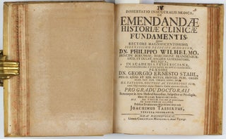 Collection of 67 theses on medical subjects submitted at the University of Halle under the presidency of Georg Ernst Stahl, and including 26 papers by Stahl himself, bound in 5 volumes, published between 1694 to 1716.