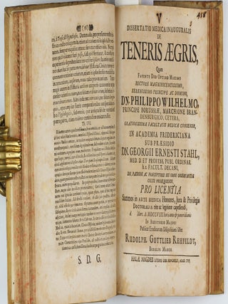 Collection of 67 theses on medical subjects submitted at the University of Halle under the presidency of Georg Ernst Stahl, and including 26 papers by Stahl himself, bound in 5 volumes, published between 1694 to 1716.
