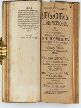 Collection of 67 theses on medical subjects submitted at the University of Halle under the presidency of Georg Ernst Stahl, and including 26 papers by Stahl himself, bound in 5 volumes, published between 1694 to 1716.