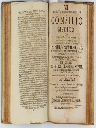 Collection of 67 theses on medical subjects submitted at the University of Halle under the presidency of Georg Ernst Stahl, and including 26 papers by Stahl himself, bound in 5 volumes, published between 1694 to 1716.