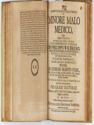 Collection of 67 theses on medical subjects submitted at the University of Halle under the presidency of Georg Ernst Stahl, and including 26 papers by Stahl himself, bound in 5 volumes, published between 1694 to 1716.