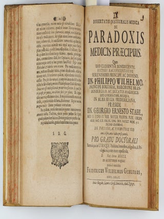 Collection of 67 theses on medical subjects submitted at the University of Halle under the presidency of Georg Ernst Stahl, and including 26 papers by Stahl himself, bound in 5 volumes, published between 1694 to 1716.