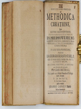 Collection of 67 theses on medical subjects submitted at the University of Halle under the presidency of Georg Ernst Stahl, and including 26 papers by Stahl himself, bound in 5 volumes, published between 1694 to 1716.