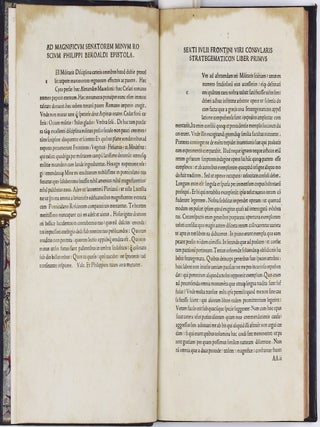 Scriptores rei Militaris. Four parts in one: I. FRONTINUS, Sextus Julius. De re militari (Strategematicon). 10 July 1495; II.VEGETIUS, Flavius. De re militari, n.d.; III.AELIANUS. De ins truendis aciebus, 16 Nov. 1495; IV.MODESTUS. De vocabulis rei militaris. n.d. (General colophon) 17 Jan. 1496.
