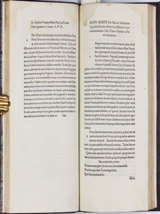 Scriptores rei Militaris. Four parts in one: I. FRONTINUS, Sextus Julius. De re militari (Strategematicon). 10 July 1495; II.VEGETIUS, Flavius. De re militari, n.d.; III.AELIANUS. De ins truendis aciebus, 16 Nov. 1495; IV.MODESTUS. De vocabulis rei militaris. n.d. (General colophon) 17 Jan. 1496.