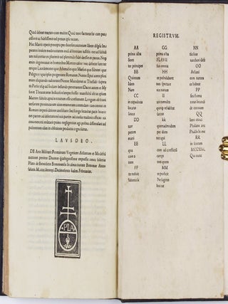 Scriptores rei Militaris. Four parts in one: I. FRONTINUS, Sextus Julius. De re militari (Strategematicon). 10 July 1495; II.VEGETIUS, Flavius. De re militari, n.d.; III.AELIANUS. De ins truendis aciebus, 16 Nov. 1495; IV.MODESTUS. De vocabulis rei militaris. n.d. (General colophon) 17 Jan. 1496.
