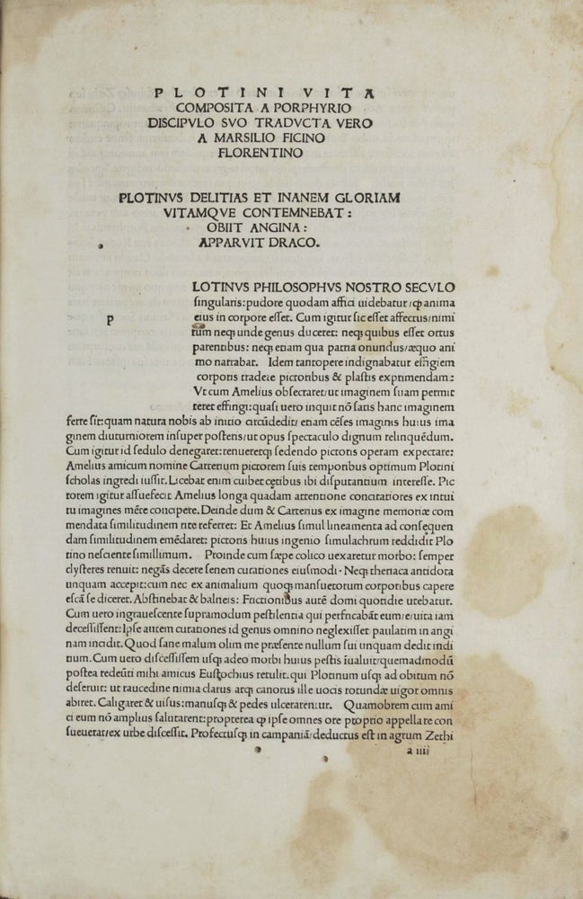 Item #002672 [Opera]. Prohemium Marsilii Ficini Florentini in Plotinum ad Magnanimum Laurentium Medicem patriae servatorem. . PLOTINUS, PLOTIN.