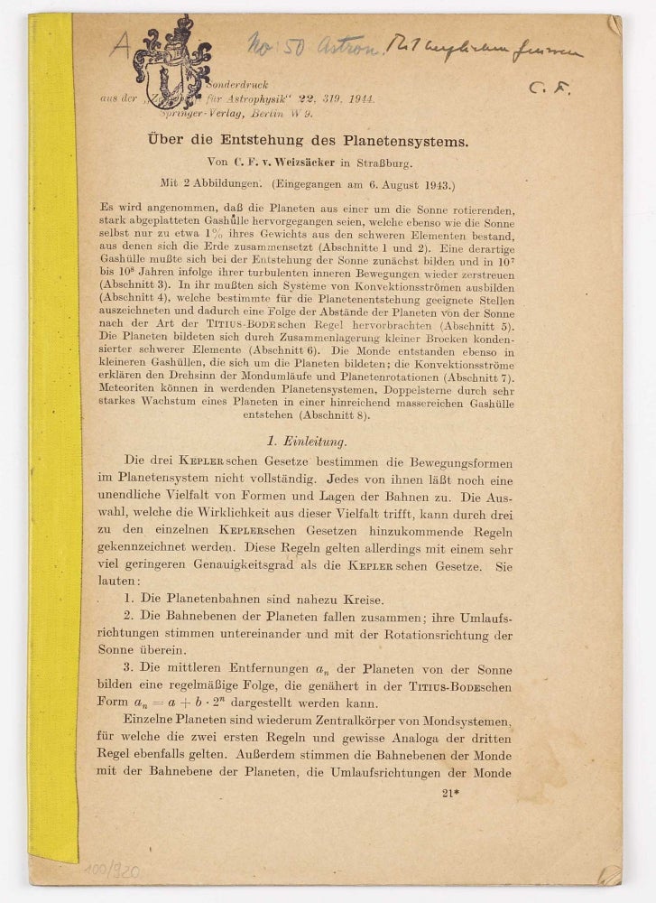Item #002796 Über die Entstehung des Planetensystems. pp. 319-355. Carl Friedrich von WEIZÄCKER.