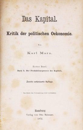 Das Kapital, Kritik der politischen Oekonomie. Vol. I: Der Produktionsprocess des Kapitals. Vol. II: Der Zirkulationsprocess des Kapitals (edited by Friedrich Engels).