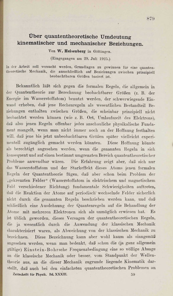 Item #002926 Über quantentheoretische Umdeutung kinematischer und mechanischer Beziehungen. Werner HEISENBERG.