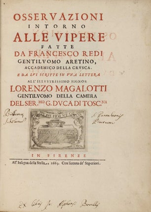 Item #002962 Osservazioni intorno alle vipere. [Giovanni Alfonso Borelli's copy]. Francesco REDI