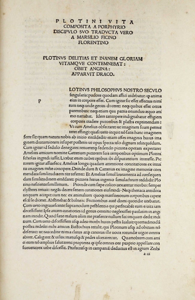 Item #002993 [Opera]. Prohemium Marsilii Ficini Florentini in Plotinum ad Magnanimum Laurentium Medicem patriae servatorem. . PLOTINUS.