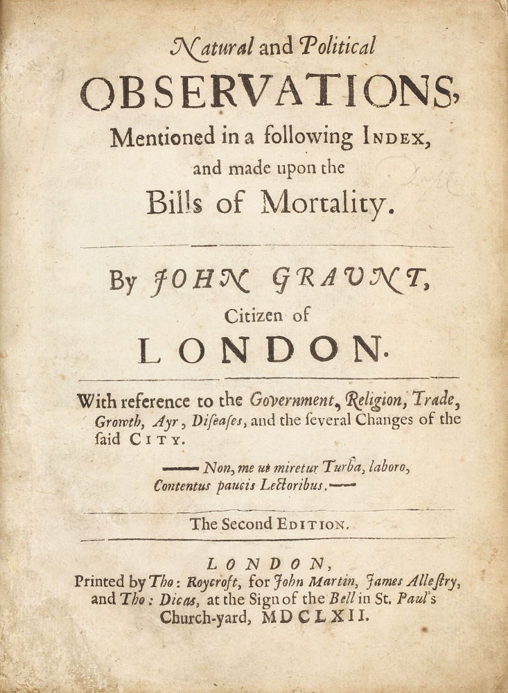 Item #003088 Natural and Political Observations Mentioned in a following Index, and made upon the Bills of Mortality, with reference to the Government, Religion, Trade, Growth, Air, Diseases, and the several Changes of the said City, the Second Edition. John GRAUNT.