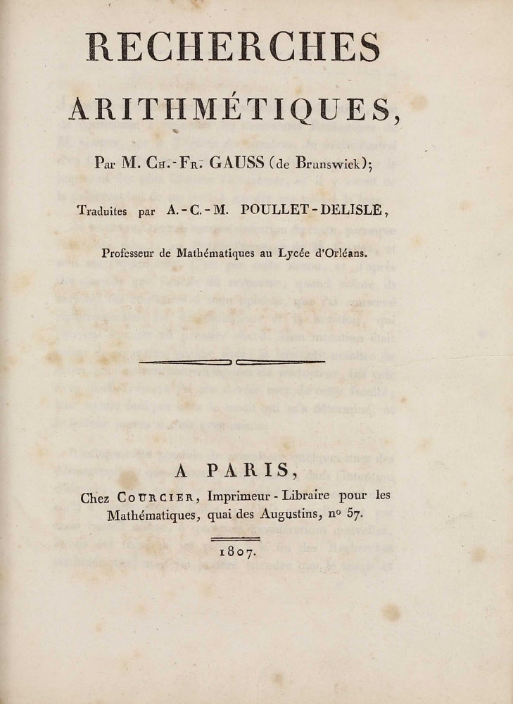 Item #003096 Recherches arithmétiques. Carl Friedrich GAUSS.