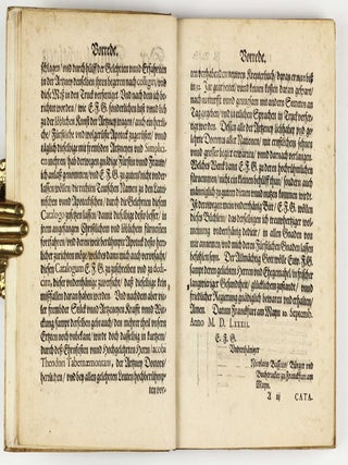 Catalogus oder Register, aller Apoteckischen Simplicien und Compositen, so in den beyden Messen, zu Franckfurt am Mayn, durch die Materialisten, Kauffleut, Wuertzeltraeger und Krautler, auch durch die Apotecker daselbst verkaufft werden. Allen Apoteckern, Materialisten, Kauffleuten, Wuertzkraemern.