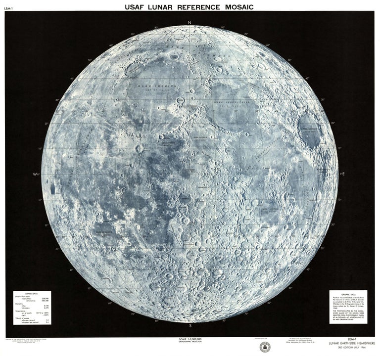 Item #003203 USAF lunar reference mosaic, LEM-1. Lunar earthside hemisphere in orthographic projection. ACIC.