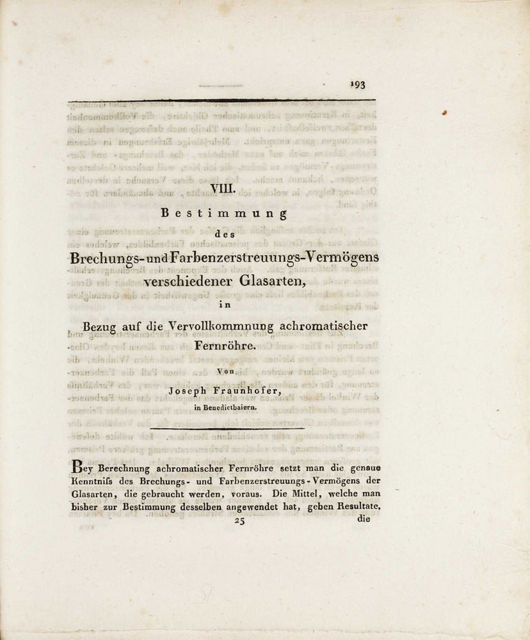 Item #003206 Bestimmung des Brechungs- und Farbenzerstreuungs- Vermögens verschiedener Glasarten. Joseph FRAUNHOFER.
