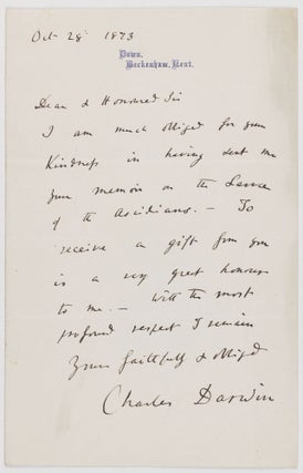 Item #003270 Autograph letter, Down, Beckenham, Kent, 28 October 1873, signed ("Charles Darwin"),...