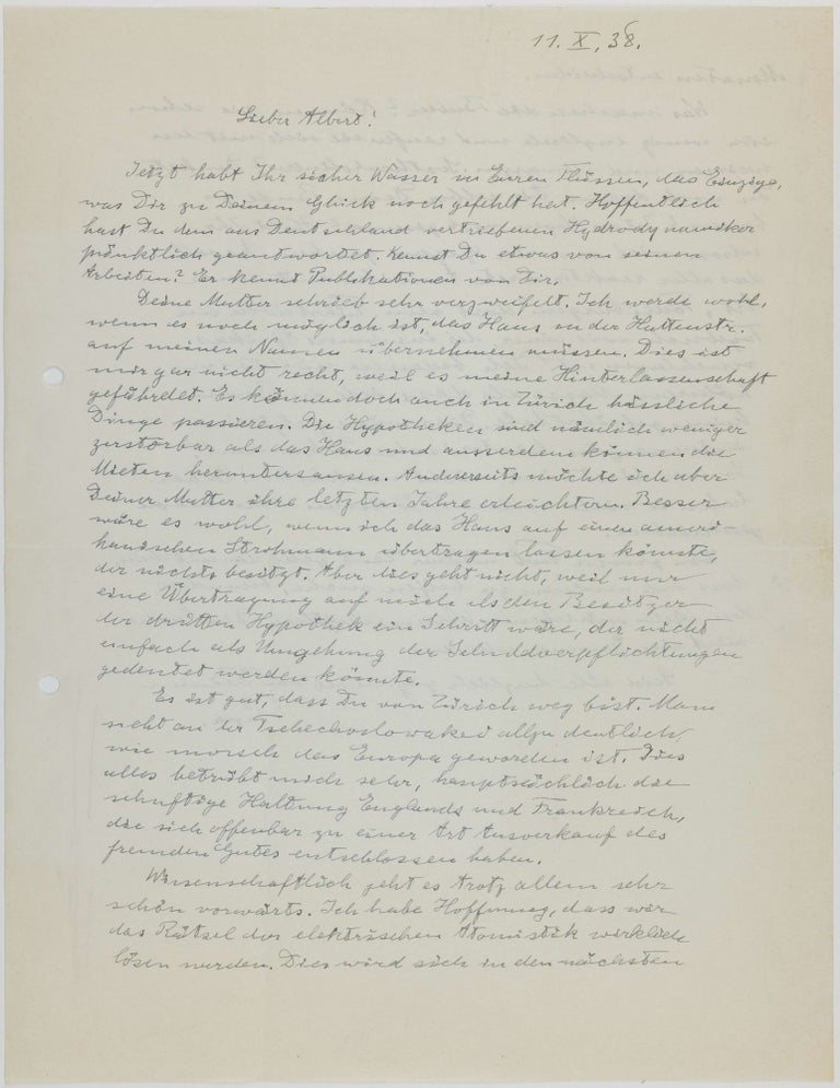 Item #003466 Autograph letter in German signed ('Papa') to his son Hans Albert, n.p., 11 October 1938. Albert EINSTEIN.