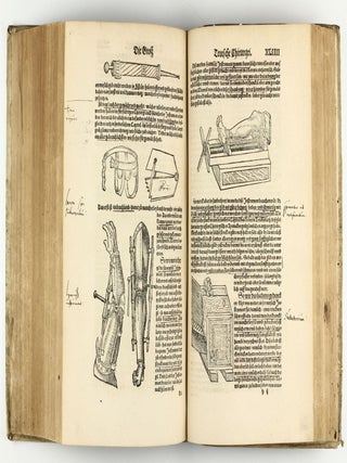 Opus chyrurgicum, warhaffte unnd vollkomne Wundartznei ...; darinn begriffen wie die Wunden, offnen Schäden, Gewächs, Gebresten, Frantzosen, Blatern, Beulen, Lähmi, allerley Zufäll unnd Kranckheiten, auch kalter und warmer Brandt, Fistel und Wolff ... curiert werden sollend / Die grosz Chirurgei, oder volkommene Wundtartzenei; chirurgischen Handtwirckung eigentlicher Bericht, und Inhalt alles so der Wundartznei angehörig; mit künstlicher Fürmalung, klarer Beschreibung . . . aller hierzu dienlicher und gebreuchlicher Instrument oder Ferrament / De Materia chirurgica libri tres, recens aucti authore atque recogniti.