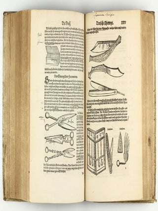 Opus chyrurgicum, warhaffte unnd vollkomne Wundartznei ...; darinn begriffen wie die Wunden, offnen Schäden, Gewächs, Gebresten, Frantzosen, Blatern, Beulen, Lähmi, allerley Zufäll unnd Kranckheiten, auch kalter und warmer Brandt, Fistel und Wolff ... curiert werden sollend / Die grosz Chirurgei, oder volkommene Wundtartzenei; chirurgischen Handtwirckung eigentlicher Bericht, und Inhalt alles so der Wundartznei angehörig; mit künstlicher Fürmalung, klarer Beschreibung . . . aller hierzu dienlicher und gebreuchlicher Instrument oder Ferrament / De Materia chirurgica libri tres, recens aucti authore atque recogniti.