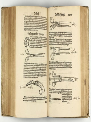 Opus chyrurgicum, warhaffte unnd vollkomne Wundartznei ...; darinn begriffen wie die Wunden, offnen Schäden, Gewächs, Gebresten, Frantzosen, Blatern, Beulen, Lähmi, allerley Zufäll unnd Kranckheiten, auch kalter und warmer Brandt, Fistel und Wolff ... curiert werden sollend / Die grosz Chirurgei, oder volkommene Wundtartzenei; chirurgischen Handtwirckung eigentlicher Bericht, und Inhalt alles so der Wundartznei angehörig; mit künstlicher Fürmalung, klarer Beschreibung . . . aller hierzu dienlicher und gebreuchlicher Instrument oder Ferrament / De Materia chirurgica libri tres, recens aucti authore atque recogniti.