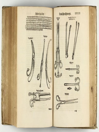 Opus chyrurgicum, warhaffte unnd vollkomne Wundartznei ...; darinn begriffen wie die Wunden, offnen Schäden, Gewächs, Gebresten, Frantzosen, Blatern, Beulen, Lähmi, allerley Zufäll unnd Kranckheiten, auch kalter und warmer Brandt, Fistel und Wolff ... curiert werden sollend / Die grosz Chirurgei, oder volkommene Wundtartzenei; chirurgischen Handtwirckung eigentlicher Bericht, und Inhalt alles so der Wundartznei angehörig; mit künstlicher Fürmalung, klarer Beschreibung . . . aller hierzu dienlicher und gebreuchlicher Instrument oder Ferrament / De Materia chirurgica libri tres, recens aucti authore atque recogniti.