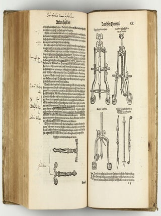 Opus chyrurgicum, warhaffte unnd vollkomne Wundartznei ...; darinn begriffen wie die Wunden, offnen Schäden, Gewächs, Gebresten, Frantzosen, Blatern, Beulen, Lähmi, allerley Zufäll unnd Kranckheiten, auch kalter und warmer Brandt, Fistel und Wolff ... curiert werden sollend / Die grosz Chirurgei, oder volkommene Wundtartzenei; chirurgischen Handtwirckung eigentlicher Bericht, und Inhalt alles so der Wundartznei angehörig; mit künstlicher Fürmalung, klarer Beschreibung . . . aller hierzu dienlicher und gebreuchlicher Instrument oder Ferrament / De Materia chirurgica libri tres, recens aucti authore atque recogniti.