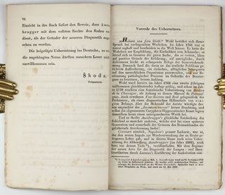 Neue Erfindung mittelst des Anschlagens an den Brustkorb, als eines Zeichens, verborgene Brust-Krankheiten zu entdecken. Im lateinischen Original herausgegeben, übersetzt und mit Anmerkungen versehen von Dr. S. Ungar. Begleitet mit einem Vorworte von Joseph Skoda.