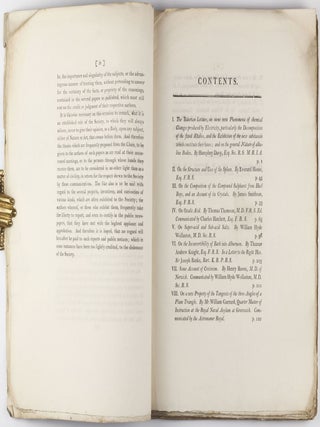 The Bakerian Lecture, on some New Phenomena of Chemical Changes produced by Electricity, particularly the Decomposition of the Fixed Alkalies, and the Exhibition of the New Substances which constitute their Bases; and on the General Nature of Alkaline Bodies. In: Philosophical Transactions of the Royal Society of London for the Year 1808, Vol. 98, part I and II, pp. 1-44 + 333-470.