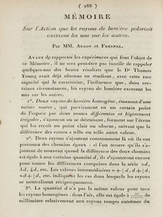 Item #003643 Mémoire sur l'action que les rayons de lumière polarisée exercent les uns sur les...