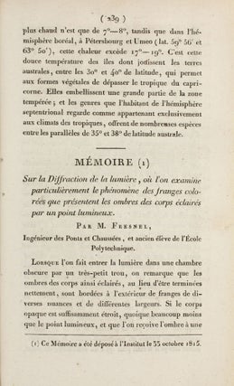 Item #003644 Mémoire sur la diffraction de la lumière, où l'on examine particulièrement le...