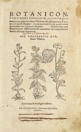 Botanicon, continens herbarum, aliorumque simplicium, quorum usus in Medicinis est, descriptiones, & iconas ad vivum Effigiatas; ex praecipuis tam Grecis quàm Latinis Authoribus iam recens concinnatum. Additis etiam, quae Neotericorum observationes & experientiae vel comprobarunt denuo, uel nuper invenerunt. . . / De Medicinali Materia Libri Sex, Ioanne Ruellio Suessionensi interprete. Singulis cum stirpium, tum animantium. Accesserunt priori editioni, Valerii Cordi Simesusii annotationes doctissimae . Euricii Cordi Simesusii iudicium de Herbis & Simplicibus Medicinae. Remedia morborum, miro ordine complectitur. . .