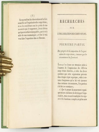 Recherches sur l'organisation des corps vivans (sic) et particulièrement sur son origine, sur la cause de son développement et des progrès de sa composition... Précédé du Discours d'ouverture du Cours de Zoologie donné dans le Muséum d'histoire naturelle, l'an X de la République.