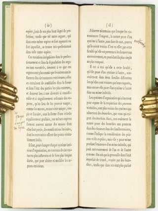 Recherches sur l'organisation des corps vivans (sic) et particulièrement sur son origine, sur la cause de son développement et des progrès de sa composition... Précédé du Discours d'ouverture du Cours de Zoologie donné dans le Muséum d'histoire naturelle, l'an X de la République.