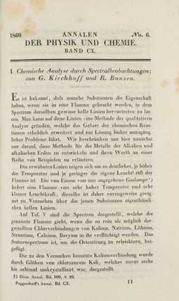 Chemische Analyse durch Spectralbeobachtungen. (Erste-) Zweite Abhandlung. In: Annalen der Physik und Chemie, vol. 110, pp. 161-89, plates V, VI + vol. 113, pp. 337-81, plates III, V, VIII.